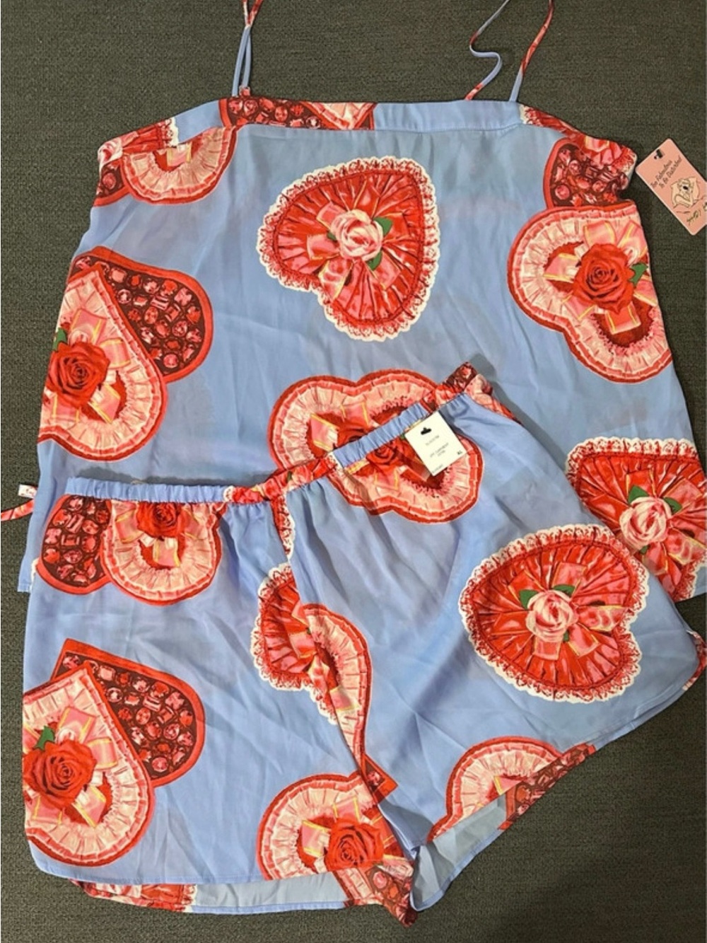 Shady Lady Blue Floral Heart-Print Women's satin pajama set